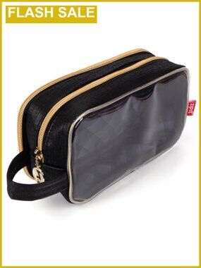Clear Front Makeup Bag Dual Compartment Cosmetic Case Brush Slots Travel